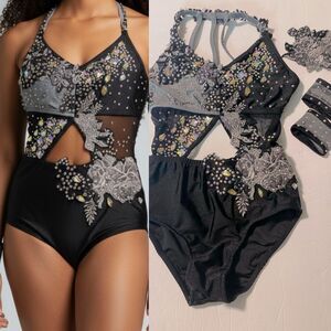 Glamour Dance Costume solo black gray embellished bling SA-Small adult